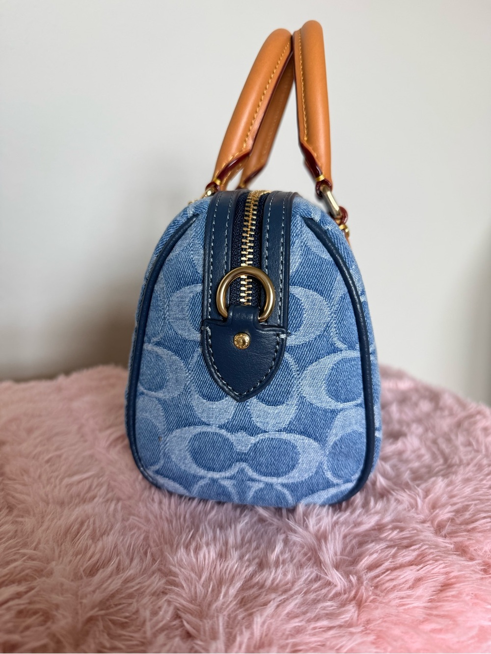 Coach Mini Denim Rowan Signature Satchel in Light Blue and Tan - Picture 3 of 9